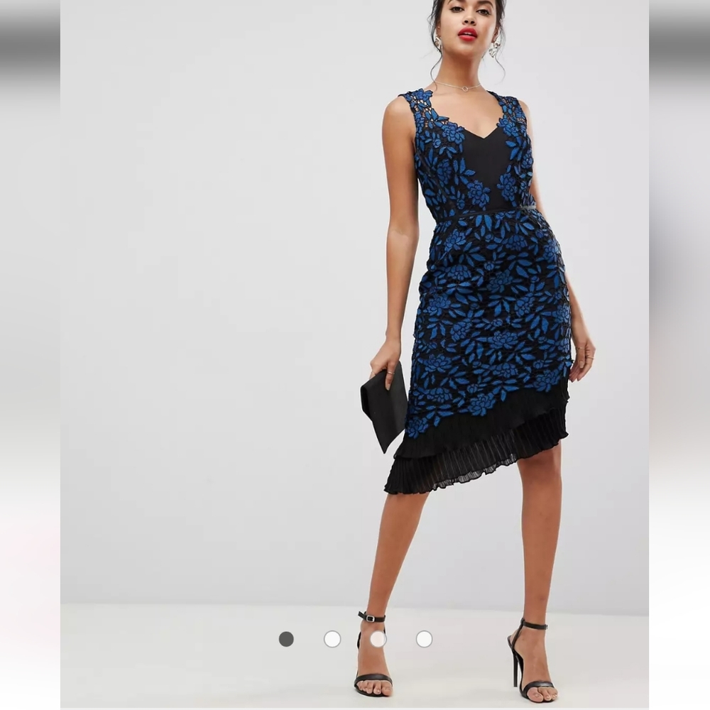 Black and blue embroidered midi dress